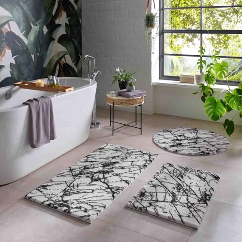 Taracarpet Badematte Badteppich für das Badezimmer waschbar in der Waschmachine Blitz Marmor Abstrakt Muster weiß-schwarz 120x170 cm von Taracarpet