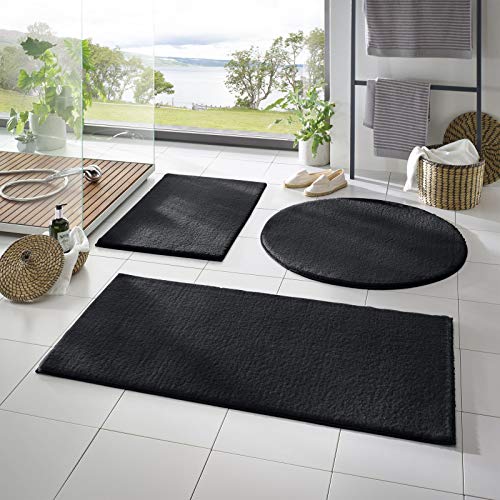 Taracarpet Badematte Fiona rutschfest waschbar Badezimmerteppich sehr weich und als Set kombinierbar Uni schwarz 080x150 cm von Taracarpet