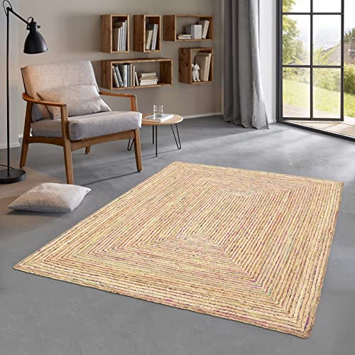 Taracarpet Jute Teppich Sisal Optik Kurzflor Boho modern für Wohnzimmer Schlafzimmer nachhaltig Natur-Teppich mit Wolle bunt 120x170 cm von Taracarpet