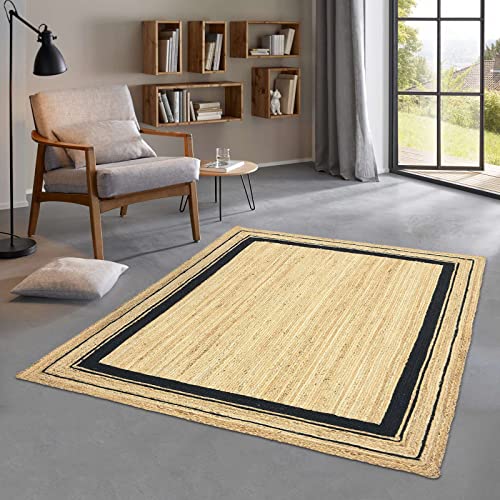 Taracarpet Jute Teppich Sisal Optik mit Bordüre Kurzflor Boho modern für Wohnzimmer Schlafzimmer nachhaltig Natur-Teppich schwarz 120x170 cm von Taracarpet