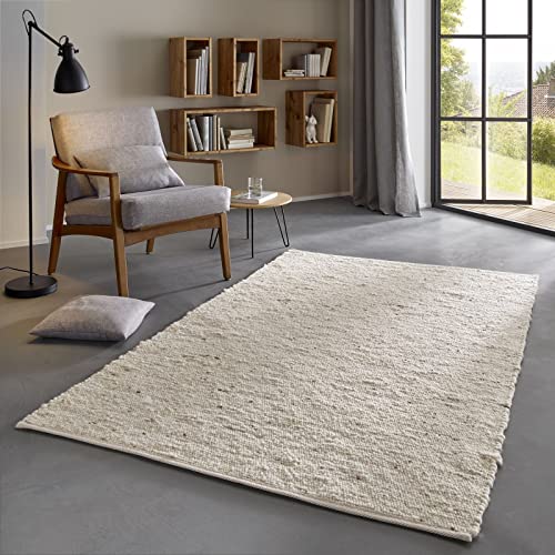 Taracarpet Skandi Landhaus Teppich Hand-Web-Teppich aus hochwertiger Schurwolle 2700 Gramm/qm beidseitig legbar echte Handarbeit Natur weiß Meliert 170x240 cm von Taracarpet