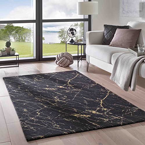 Taracarpet Teppich Supersoft Kurzflor-Teppich Valetta Marmor Blitz modern marmoriert waschbar für Wohnzimmer Schlafzimmer Jugendzimmer Badezimmer aus Polyester schwarz-Gold 080x150 cm von Taracarpet