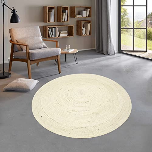 Taracarpet runder Jute Teppich Sisal Optik Kurzflor Boho modern für Wohnzimmer Schlafzimmer nachhaltig Natur-Teppich weiß 120 cm rund von Taracarpet