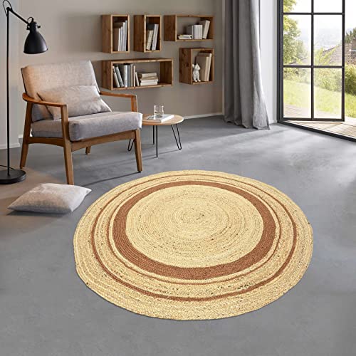 Taracarpet runder Jute Teppich Sisal Optik mit Bordüre Kurzflor Boho modern für Wohnzimmer Schlafzimmer nachhaltig Natur-Teppich Natur-Terracotta 200 cm rund von Taracarpet