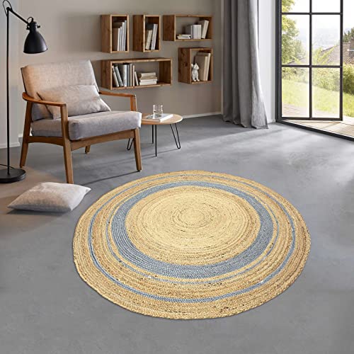 Taracarpet runder Jute Teppich Sisal Optik mit Bordüre Kurzflor Boho modern für Wohnzimmer Schlafzimmer nachhaltig Natur-Teppich Natur-blau 200 cm rund von Taracarpet