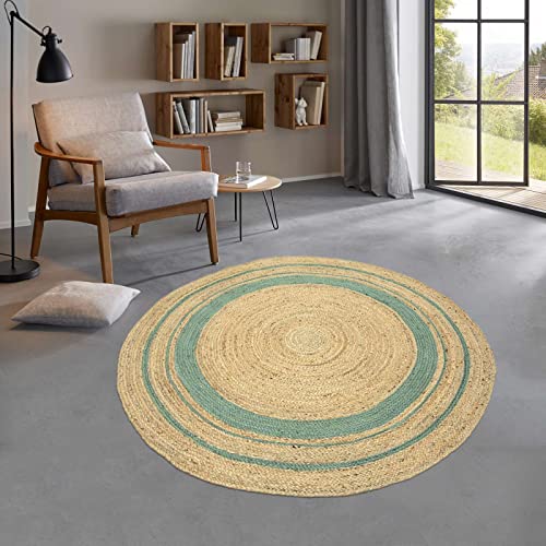 Taracarpet runder Jute Teppich Sisal Optik mit Bordüre Kurzflor Boho modern für Wohnzimmer Schlafzimmer nachhaltig Natur-Teppich Natur-grün 200 cm rund von Taracarpet