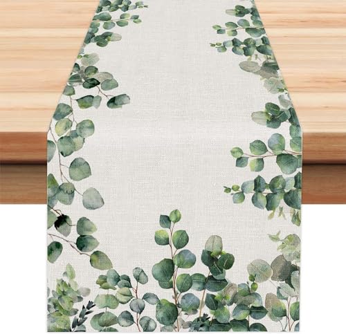 Eukalyptus Frühling Tischläufer Grünes Blatt Tischlaufer Sommer Küche Waschbar Esstisch Dekoration Tischdecke für Drinnen und Draußen Urlaub Party Wohnzimmer Dekor 40 x 140 cm von Tarklanda