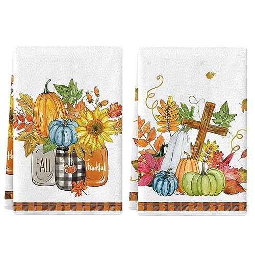 Herbst Ernte Geschirrtuch Kürbisse Ahornblätter Sonnenblumen Herbst Küchentücher Geschirrtücher Thanksgiving Küchenhandtuch Super saugfähig, Herbstdeko Kürbis Thanksgiving/Weihnachten 2er, 70x 45 cm von Tarklanda