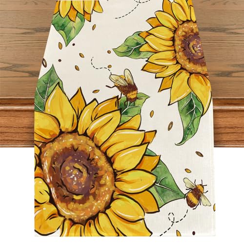 Tarklanda Sonnenblume Sommer Tischläufer, Gelbe Blumen Biene Frühling Tischläufer, Sommer Saisonnal Waschbar Küche Esstisch Dekoration für Drinnen und Draußen Urlaub Party Wohnzimmer Dekor 40x140cm von Tarklanda