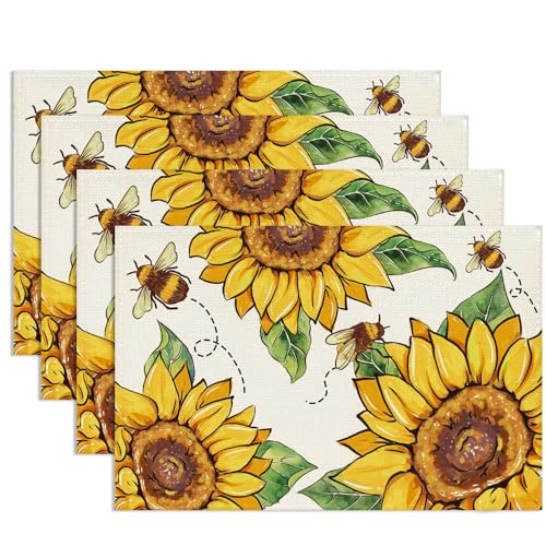 Tarklanda Sonnenblumen Platzsets 4er Set Sonnenblumen Biene Tischsets Sommer Saisonal Tisch-Dekoration für Küche Restaurant Bauernhaus Urlaub Party 30x45 cm von Tarklanda