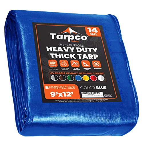 Tarpco Safety Abdeckplane Gewebeplane(245 g/m2 |9′ X 12′ | 2.75m X 3.65m| Blau) 14 Mil PE Schutzplane mit Ösen, Mehrzweck Abdeckung für Holz Gartenmöbel, LKW, Pool, Boot von Tarpco Safety