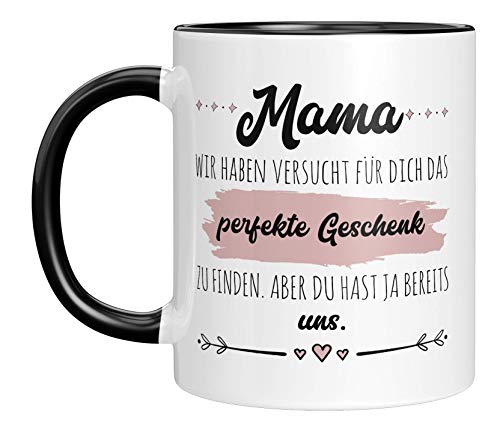 TassenTicker - Tasse mit Spruch - Mama wir haben versucht finden. Aber du hast ja bereits uns! - Kaffee Tasse - Geschenk für Mama - Muttertagsgeschenk/Weihnachten/Geburtstag (Schwarz) von TassenTicker