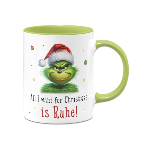 Tassenbrennerei Tasse Grinch - All I want for Christmas is Ruhe! - Kaffeetasse mit Spruch - Weihnachtstasse lustig - Weihnachts-Deko (Grün) von Tassenbrennerei