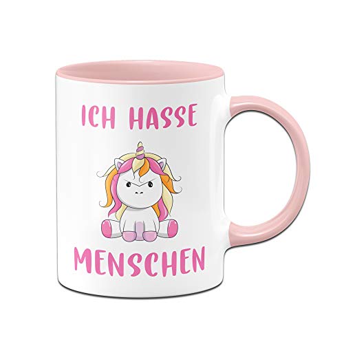 Tassenbrennerei Tasse Ich Hasse Menschen mit Einhorn Kaffeetasse mit Spruch lustig (Rosa) von Tassenbrennerei