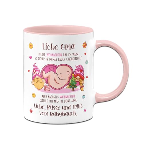 Tassenbrennerei Tasse - Liebe Oma dieses Weihnachten bin ich noch in Mamas Bauch - Kaffeetasse als Geschenk für werdende Großeltern (Rosa) von Tassenbrennerei
