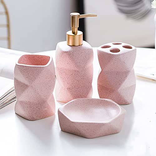 Tauzveok Badezimmer Set Geometrische Figur Luxuriöses Badezimmer Zubehör Set Keramik mit Seifenspender, Zahnputzbecher, Seifenschale, Zahnbürsten-Halter,Rosa,4Pcs von Tauzveok