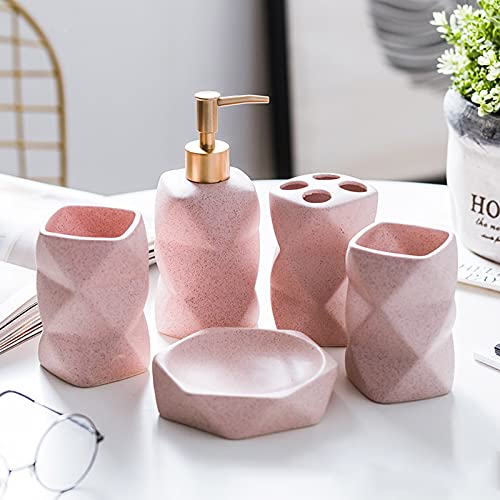 Badezimmer Set Geometrische Figur Luxuriöses Badezimmer Zubehör Set Keramik mit Seifenspender, Zahnputzbecher, Seifenschale, Zahnbürsten-Halter,Rosa,5Pcs von Tauzveok