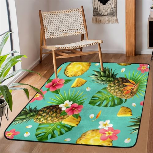 Teppich, Motiv: Ananas-Palmenblätter, Blumen-Teppich für Wohnzimmer, 90 x 150 cm, waschbar, für den Innenbereich, modern, rutschfest, niedriger Flor, Schlafzimmerteppich für Esszimmer, von Tavisto