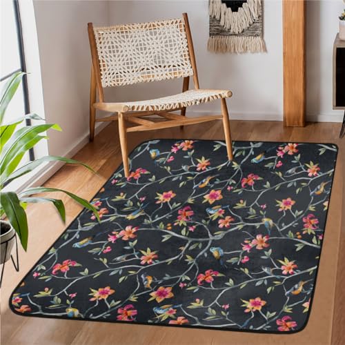 Teppich, Motiv: Blumen, Baum, Vögel, für Wohnzimmer, 90 x 150 cm, waschbar, für den Innenbereich, modern, rutschfest, niedriger Flor, Schlafzimmerteppich für Esszimmer, Eingangsbereich, Küche, Büro, von Tavisto