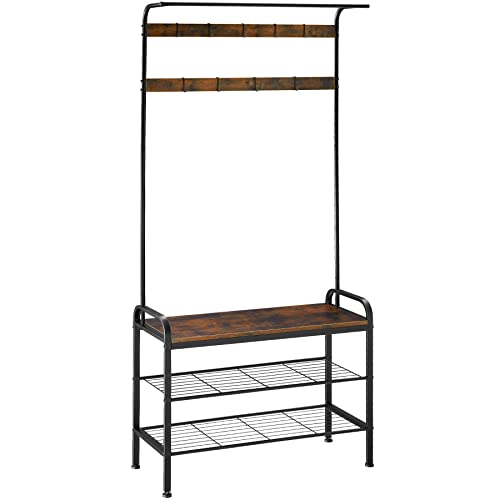 tectake Garderobenständer mit Holz Sitzbank, Garderobe mit 8 Haken, 85,5 x 36 x 184 cm, Industrie-Design, Schuhregal mit 2 Gitterablagen, schwarzes Metallgestell (Industrial Dunkelbraun) von tectake