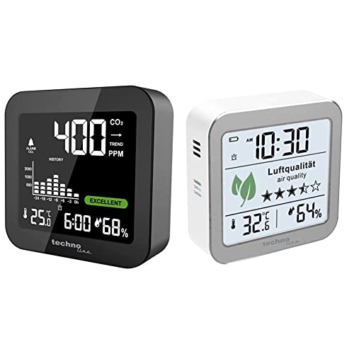 technoline Monitor WL1025 Co2-Monitor, Co2-Messer, Co2 Messgerät, schwarz & WL1020 Luftgütemonitor zur Überwachung der Raumluftqualität, Nachfolger des WL1005, Silber, weiß von Technoline