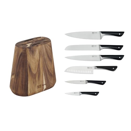 Jamie Oliver by Tefal K267S7 7-teiliger Messerblock | 6 Küchenmesser + Holz | hohe Schneideleistung | unverwechselbares Design | widerstandsfähige und langlebige Klingen | Braun/Schwarz von Tefal