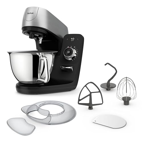 Tefal Coach Küchenmaschine, 1200 W, 8 Auto-Programme, inkl. Back-Zubehör und App, personalisiertes Erlebnis, planetarisches Rührsystem, Schwarz/Silber, QB900838 von Tefal