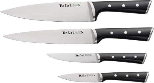 Tefal Ice Force Set mit 4 Messern | Kochmesser 20 cm | Fleischmesser 20 cm | Universalmesser 11 cm | Schälmesser 9 cm | Schneidleistung und Schärfe | Edelstahl/Schwarz von Tefal