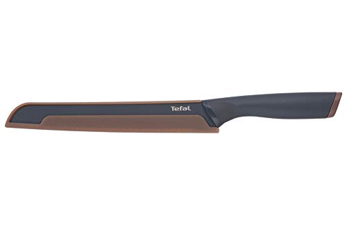 Tefal K12218 Fresh Kitchen Brotmesser 20 cm | Klinge aus Edelstahl mit titanverstärkter Antihaftbeschichtung | ergonomischer Griff | inkl. farbiger Schutzhülle | spülmaschinenfest | Schwarz/Braun von Tefal