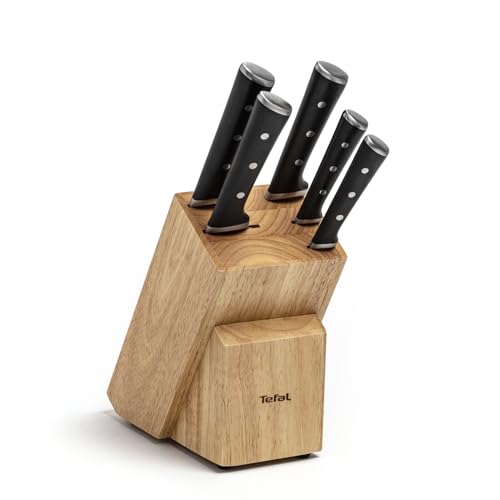 Tefal K232S5 Ice Force Messerblock aus Holz | 5 Messer | Brotmesser 20 cm | Chefmesser 20 cm | Santokumesser 18 cm | Gemüsemesser 11 cm | Tranchiermesser 9 cm | Braun/Schwarz/Edelstahl von Tefal