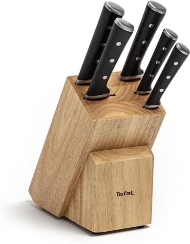 Tefal K232S5 Ice Force Messerblock aus Holz | 5 Messer | Brotmesser 20 cm | Chefmesser 20 cm | Santokumesser 18 cm | Gemüsemesser 11 cm | Tranchiermesser 9 cm | Braun/Schwarz/Edelstahl von Tefal