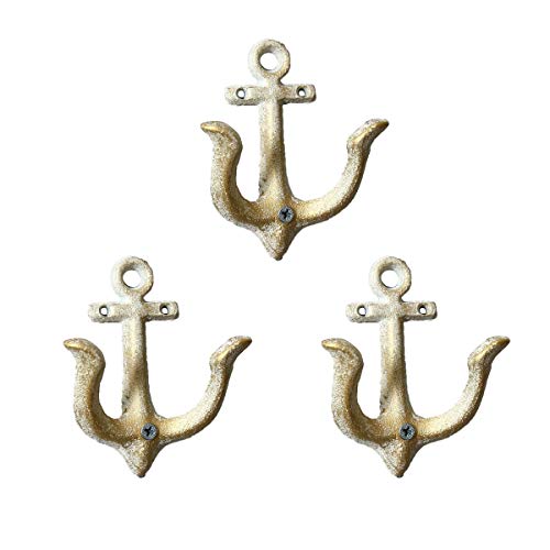 TentHome 3er-Set Maritime Dekoration Garderobe Antik Gusseisen Wandhaken Kleiderhaken Garderobenhaken Anker Doppelhaken Wandgarderobe Vintage Garten Haken, Antik Weiß von TentHome