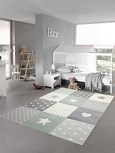 Teppich-Traum Kinderzimmer Teppich Spiel & Baby Teppich Herz Stern Punkte Design Grün Grau Creme Größe 160x230 cm von Teppich-Traum