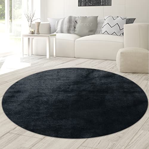 Kreisförmiger Teppich Wohnzimmer weich Flokati Badezimmer waschbar in schwarz, 160 cm rund von Teppich-Traum