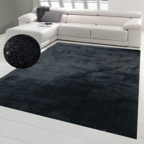 Rutschfester Teppich Diele Empfang Schlafzimmer Wohnzimmer weicher Flor Flokati Badezimmer waschbar in schwarz, 120x170 cm von Teppich-Traum