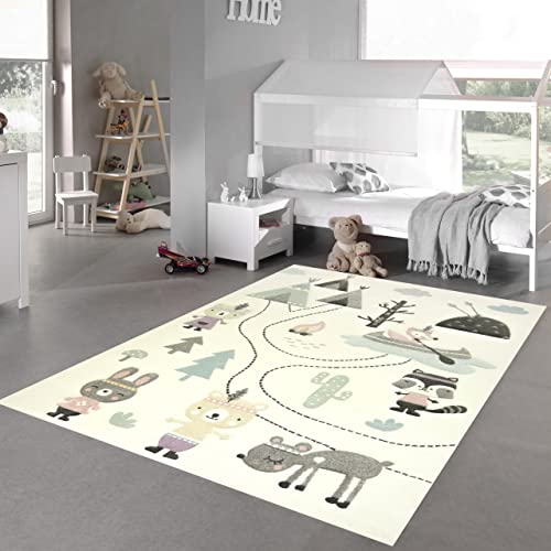 Teppich-Traum Kinderzimmer Teppich Spielteppich Bären Indianer Zelt Kaktus Kanu Tannen Creme grau grün, Größe 200 x 290 cm von Teppich-Traum