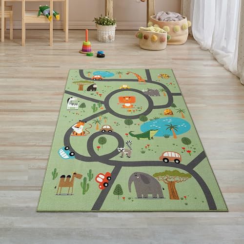 Teppich-Traum Teppich Kinderzimmer Kinderteppich rutschfest waschbar Spielteppich Safari Straße Autos Tiere Läufer grün 80 x 150 cm von Teppich-Traum