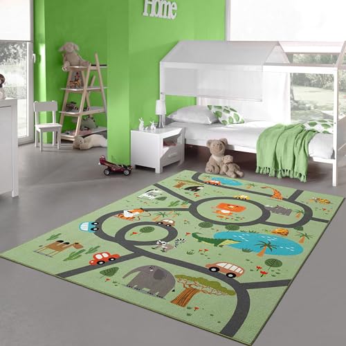 Teppich-Traum Teppich Kinderzimmer Kinderteppich rutschfest waschbar Spielteppich Safari Straße Autos Tiere grün 100 x 200 cm von Teppich-Traum