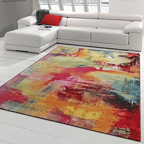 Teppich-Traum moderner Kurzflor Teppich mit Leinwand Optik Multicolor orange grün, Größe 120x170 cm von Teppich-Traum