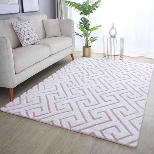 Boho Teppich Wohnzimmer Schlafzimmer Skandinavische Deko Teppich Wohnzimmerteppich Rechteckig Flauschiger Teppich Geometrische Muster Super Soft in Farbe: Rosa, Grösse: 160 x 230 cm von Teppium