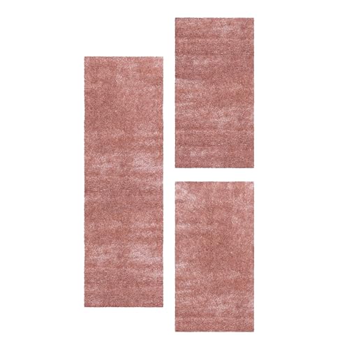 Einfarbige Teppich Hochflor Bettumrandung Schlafzimmer Teppich 3-Teilig Läufer, Rosa, 2 St. 60x110 cm | 1 St. 80x250 cm von Teppium