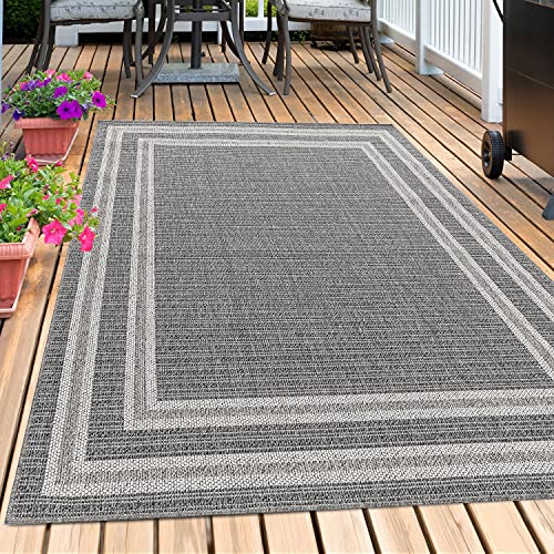 Outdoor Teppich Wetterfest Terasse Garten Balkon Picknick Camping Teppich Bordüre Design Sisal Optik Flachgewebe Küchenteppich Pflegeleicht Läufer Teppich Farbe: Grau, Grösse: 80 x 250 cm von Teppium