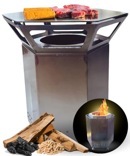 Terma 2IN1 Edelstahl Feuerstelle mit Feuerplatte Fast Rauchfreie Holzbefeuert für Terrasse & Garten Made in Germany Holzkohlegrill Raucharme Feuerstelle BBQ Heizfeuerstelle Feuerring Grillplatte von Terma