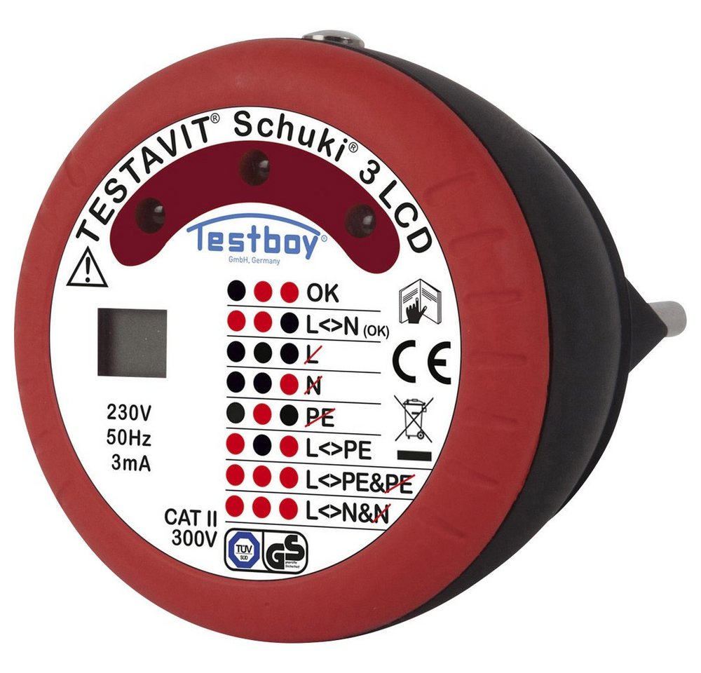 Testboy Spannungsprüfer Testboy Testavit Schuki 3 LCD Steckdosentester CAT II 300 V LED, LCD, (Testavit Schuki 3 LCD) von Testboy