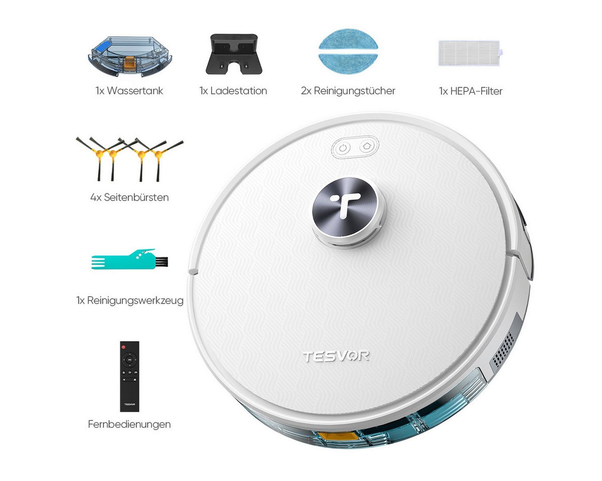 Tesvor Saugroboter mit Wischfunktion Staubsauger roboter 6000Pa Lasernavigation 260min, Mit 600ml Staubbox beutellos,mit 350ml Wassertank,6000Pa von Tesvor