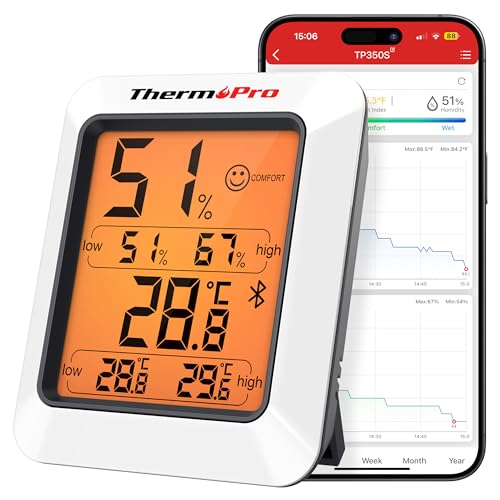 ThermoPro TP350 80m Bluetooth Thermometer Hygrometer Innen Temperatur und Luftfeuchtigkeitsmesser mit APP Datenexport für Innenraum, Büro, Weinkeller, Gewächshaus von ThermoPro