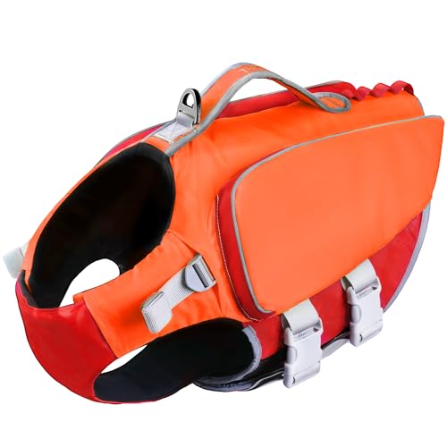 ThinkPet Hunde-Rettungsweste Geschirr Rettungsweste für kleine mittlere große Hunde Reflektierende Weste Jacke für hohen Auftrieb Einstellbare Schwimmweste mit Rettungsgriff Kleine Orange Rot von ThinkPet