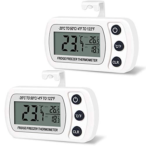 Thlevel 2PCS Kühlschrank Thermometer Wasserdicht Digital Gefrierschrank Thermometer Zimmerthermometer mit Haken LCD Display lesen Max Min Funktion (Weiß) von Thlevel