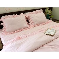 3 Stk. Set Rose Pink Rüschen Leinen Bettbezug, 1 Blush Bettbezug + 2 Kissenbezüge von Threadconnect