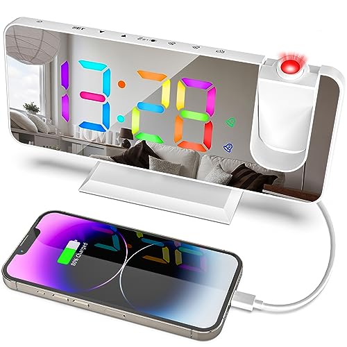 ThreeH Projektions Digital Wecker für Schlafzimmer Dynamische RGB-Uhr mit LED-Spiegel-Display USB-Ladegerät Dual Alarm Schlafzimmer Home Office Dekoration Weiß von ThreeH